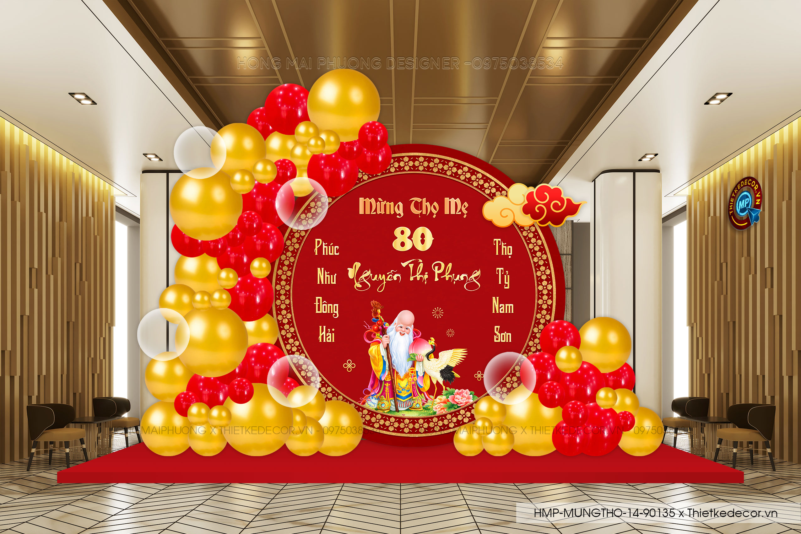 File thiết kế trang trí tiệc mừng thọ tone đỏ vàng sang trọng